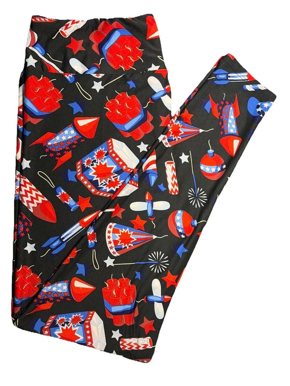 New LuLaRoe TC Red White & Blue Fireworks Print Leggings Tall & Curvy Size 12-18